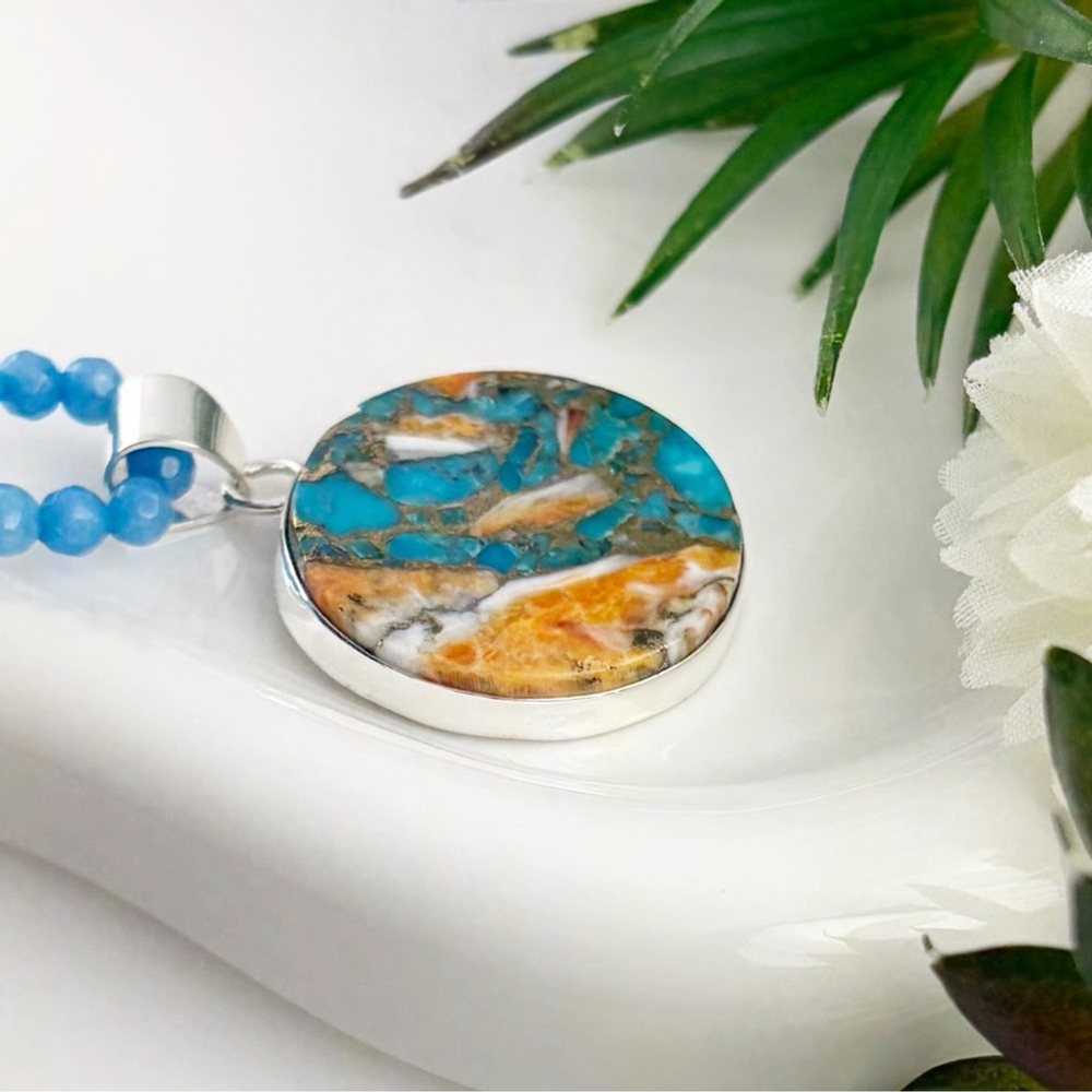 Oyster Turquoise Pendant Necklace Boho Southwest Round Orange Blue New 925 - Picture 3 of 6